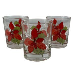 Vintage Christmas 8oz Glassware Old Fashioned Poinsettia by Block Set of 3